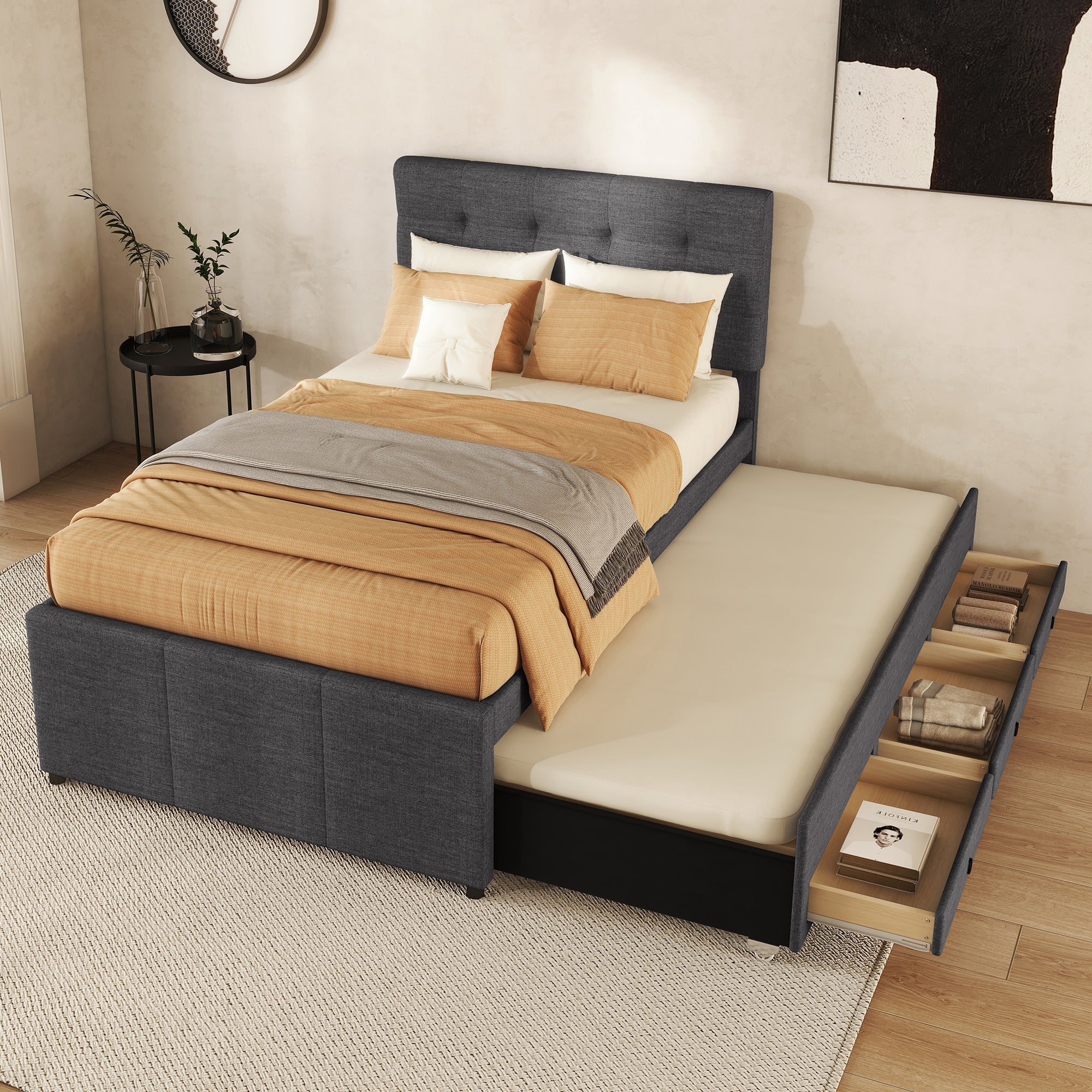 Logidon gestoffeerd bed 90x200cm grijs met drie lades en onderschuifbed