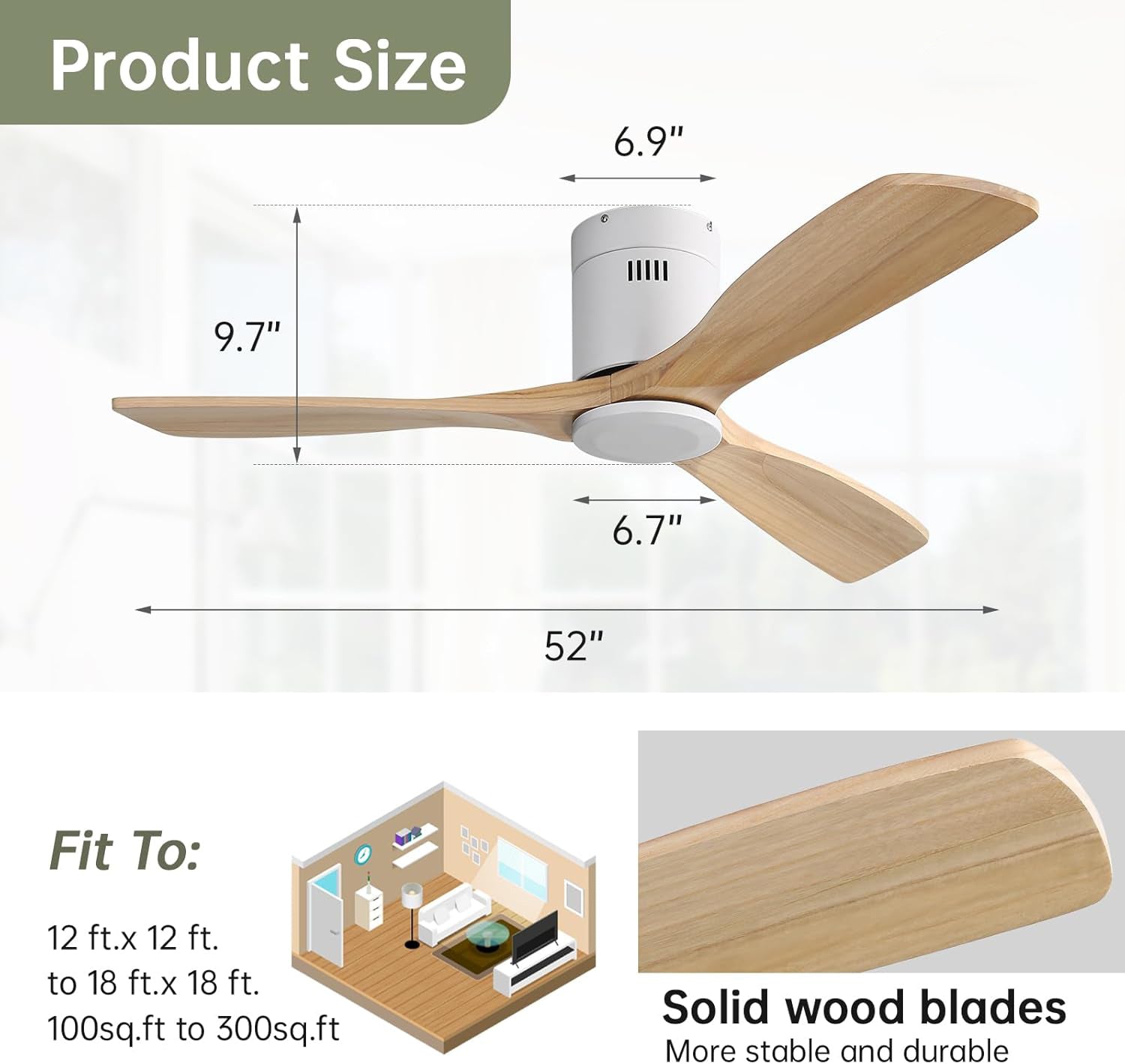 Logidon ventilator 52 inch met 3 massief houten bladen witte afstandsbediening