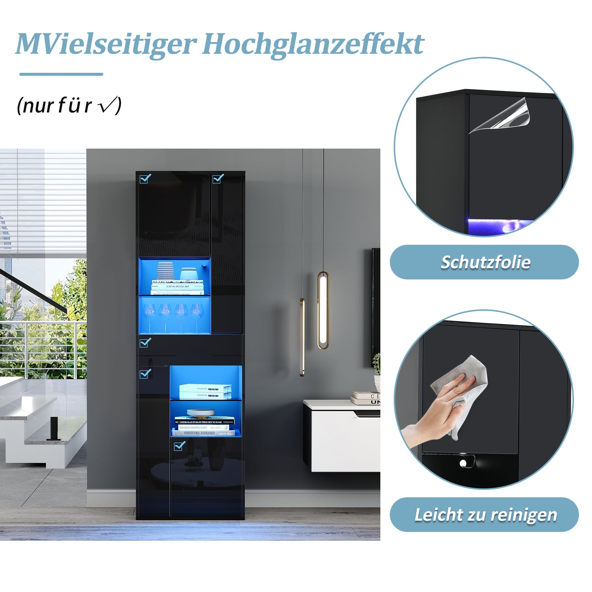 Logidon zwarte hoogglans glazen vitrine 55 x 38 x 170 cm LED-verlichting
