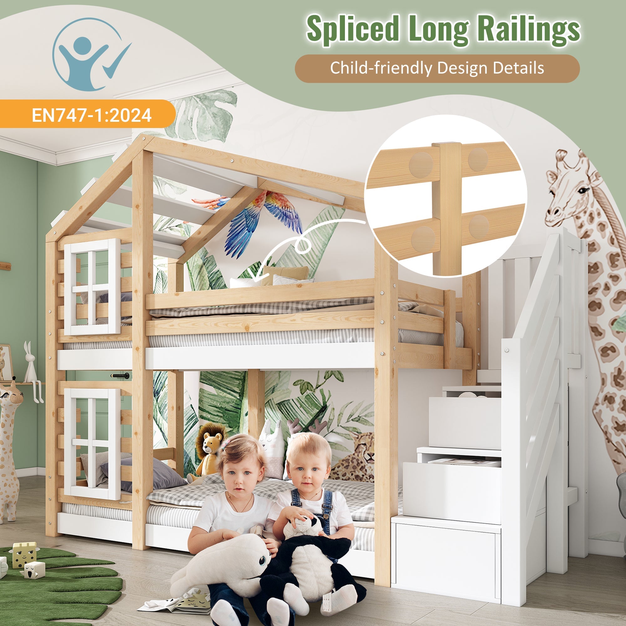 Logidon stapelbed boomhut 90x200 cm - naturel wit, 2 lattenbodems