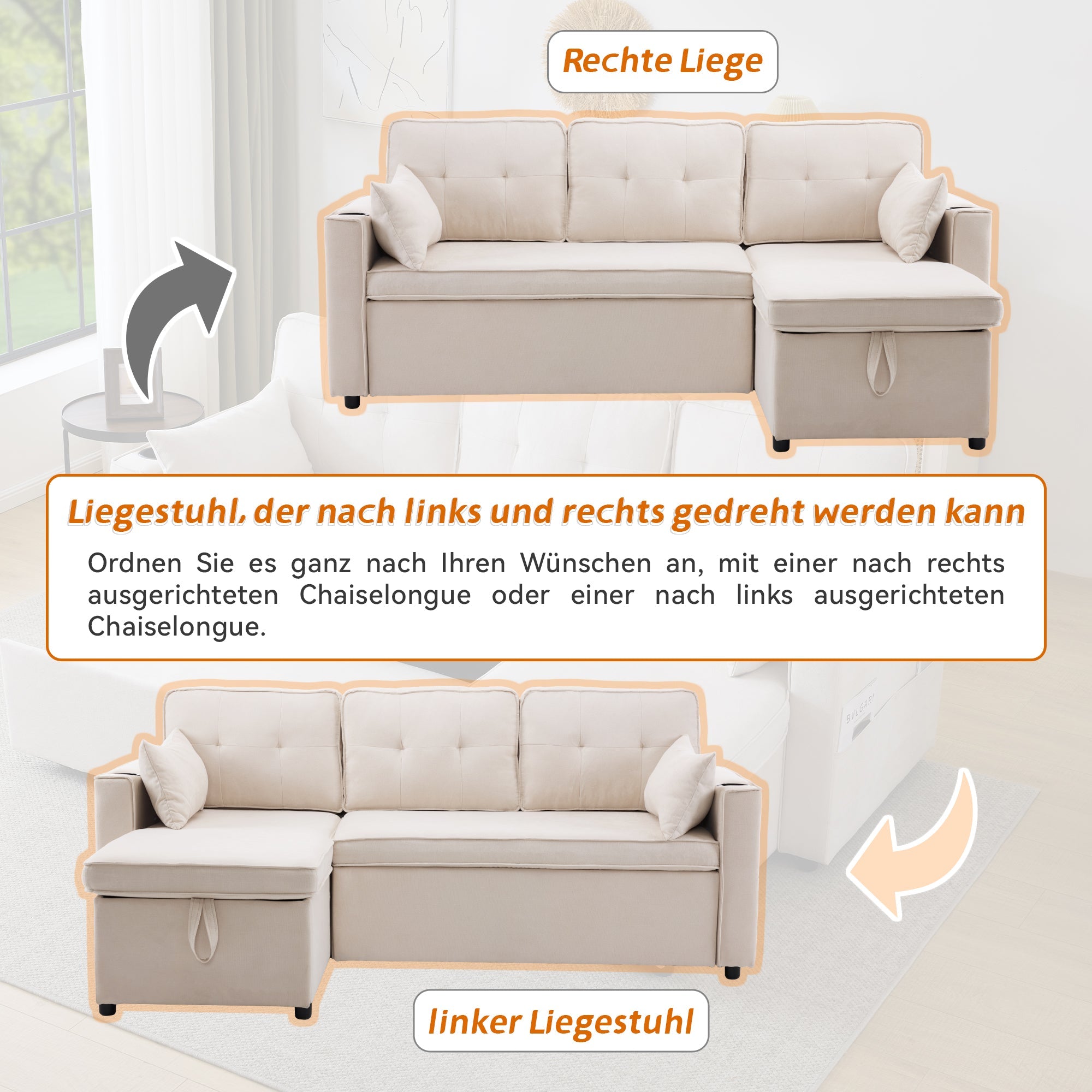 Logidon slaapbank L-vorm beige stof met opbergruimte en bekerhouder