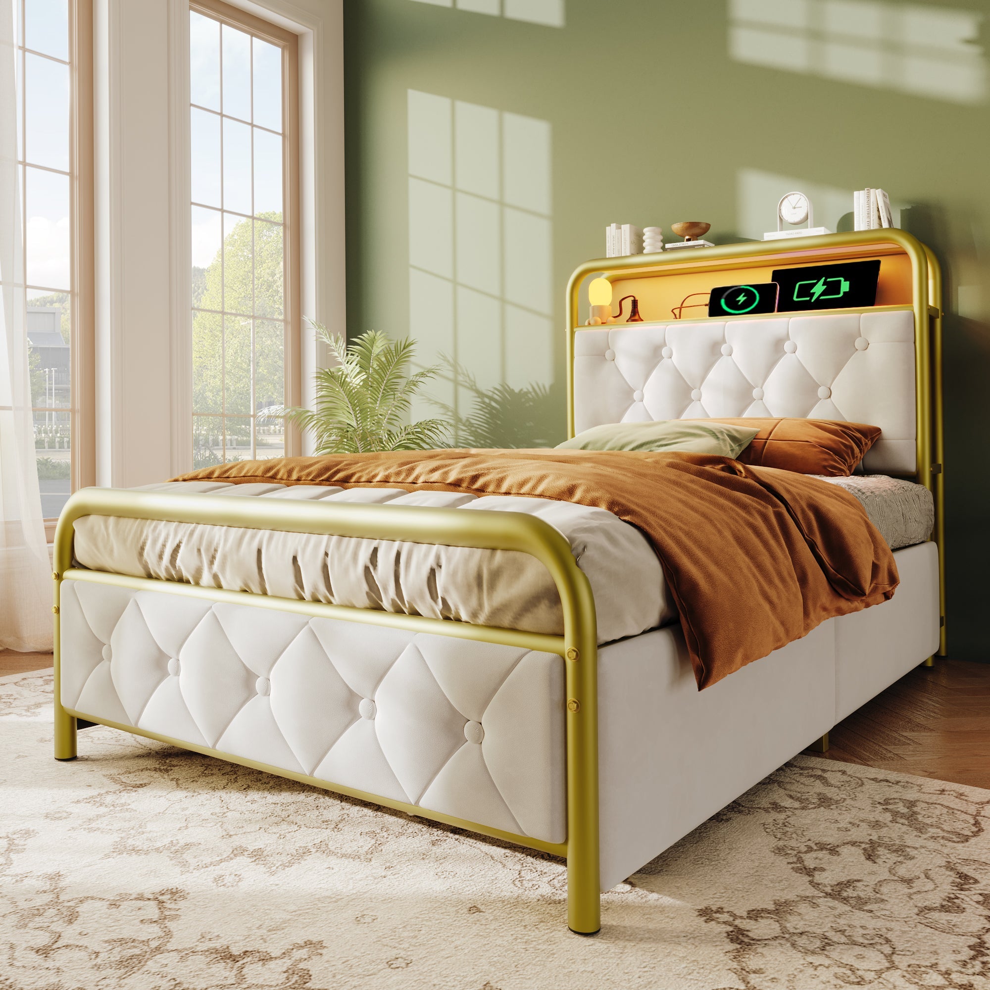 Logidon upholstered bed 90x200 USB C charging function LED white velvet drawers