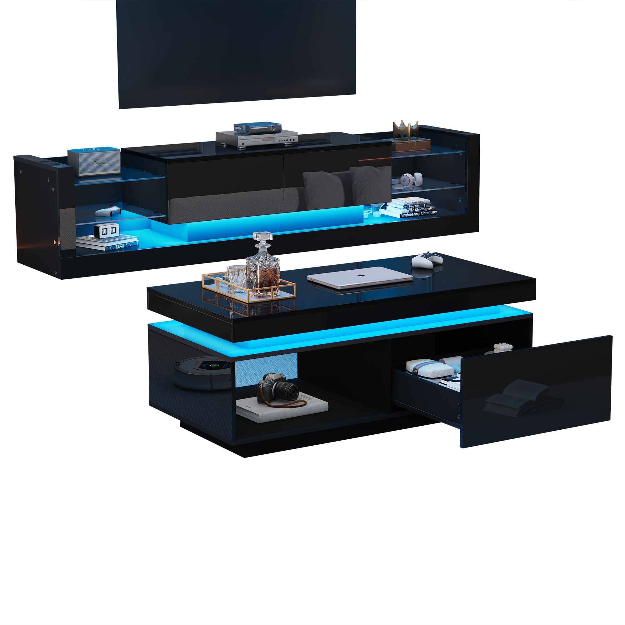 Logidon TV wall cabinet set black high gloss with LED lighting 181cm