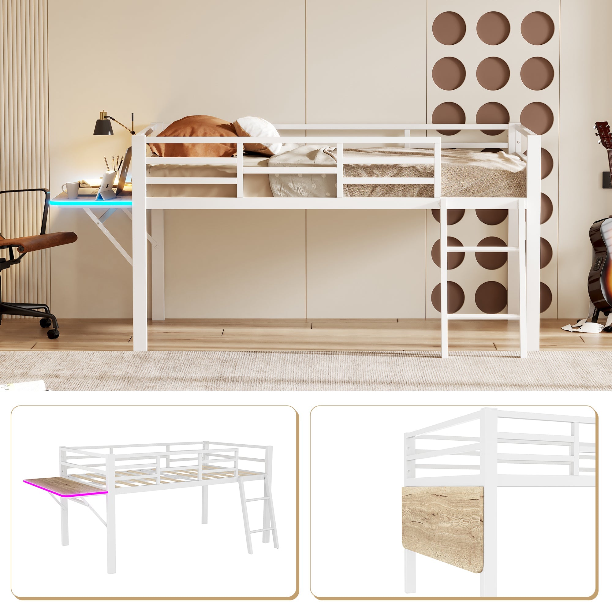 Logidon flat bed 90 x 200 cm metal bed white with railing ladder LED
