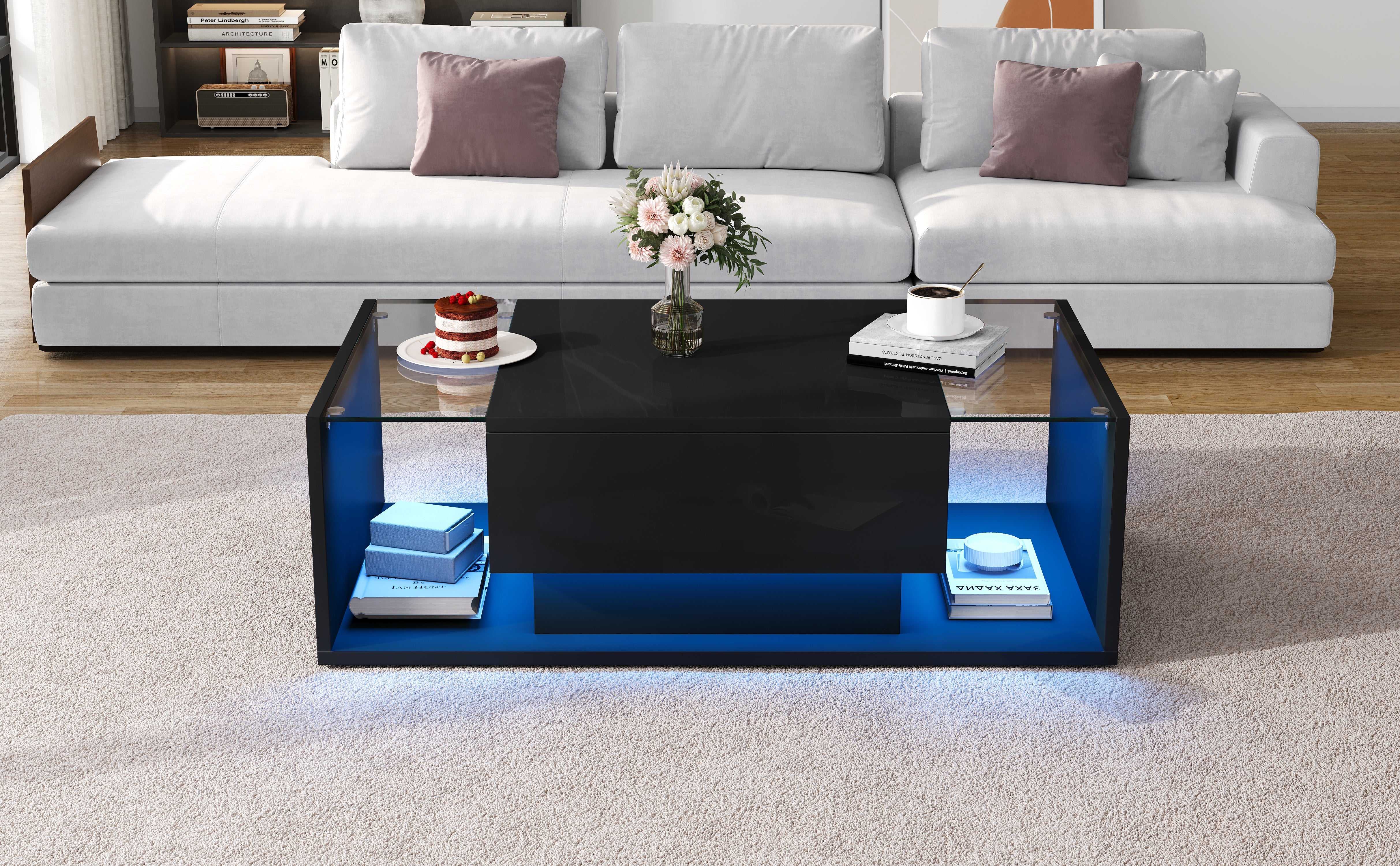 Logidon Zwarte hoogglans salontafel 100x50x31 cm met lade LED lichtstrip