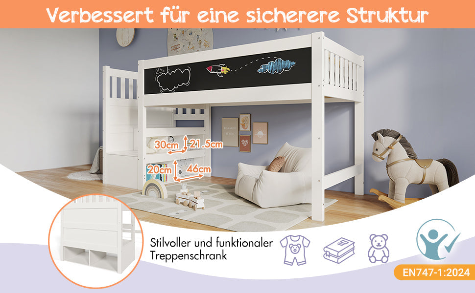 Logidon hoogslaper 90x200 kinderbed met whiteboard wit