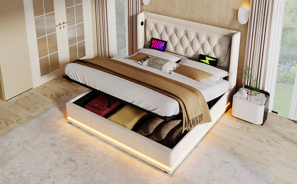 Logidon upholstered bed 160x200 beige with storage space USB Type C charging function