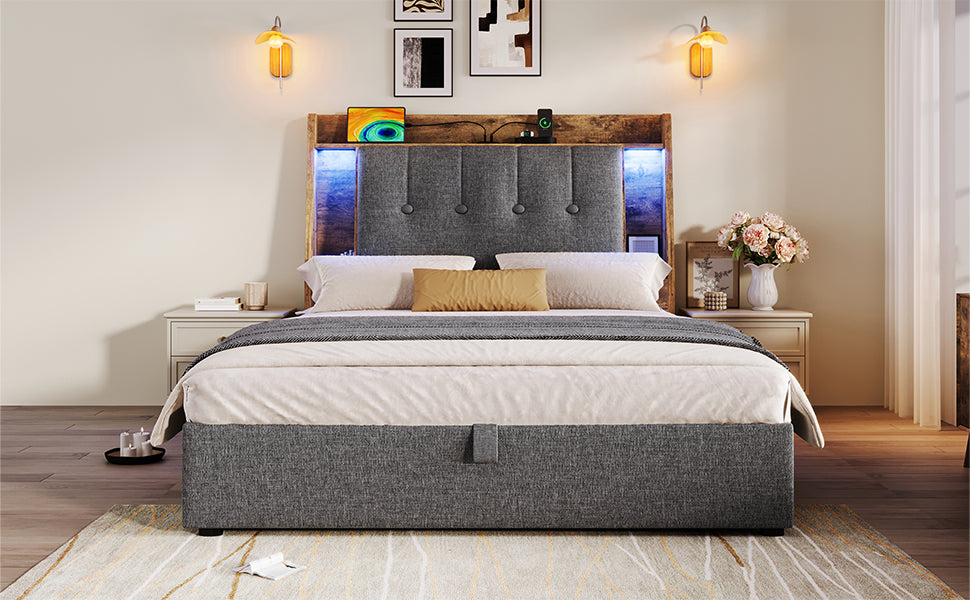 Logidon gestoffeerd bed 90x200 grijs met USB TypeC oplaadfunctie