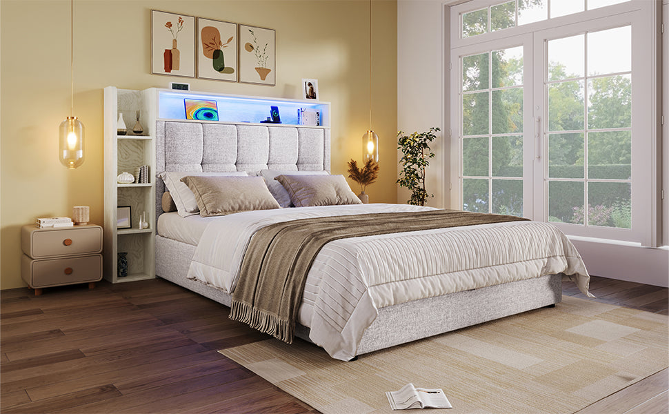 Logidon gestoffeerd bed 90x200 cm beige USB C oplaadfunctie opbergruimte