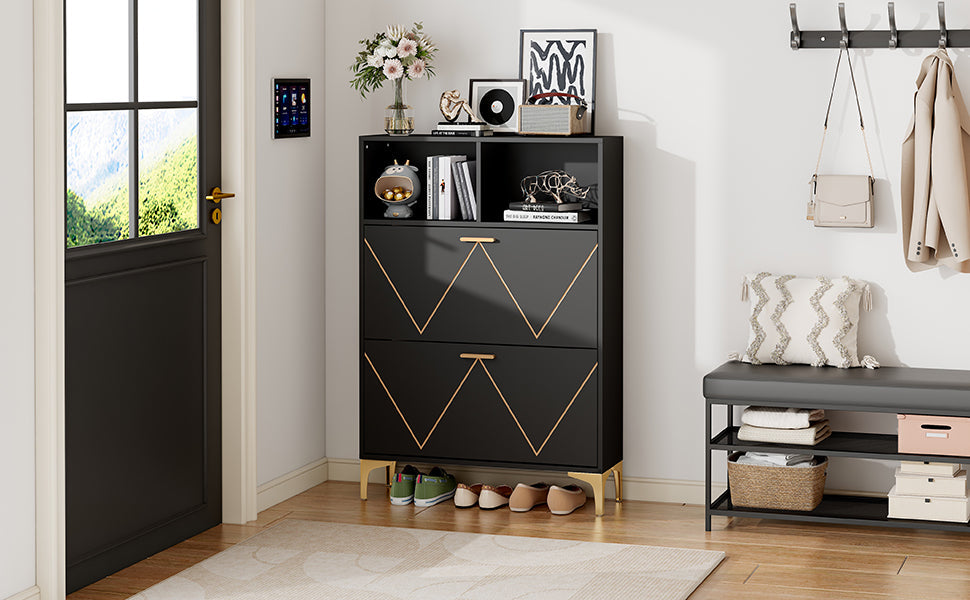 Logidon shoe cabinet 80x25x117 cm black with folding doors and four shoe shelves
