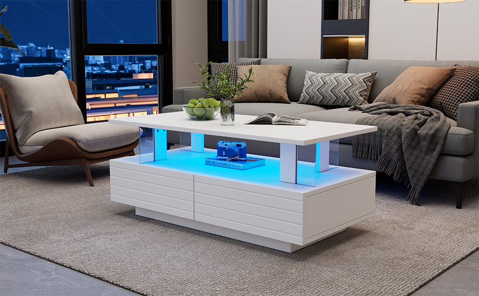 Logidon Witte LED Salontafel met Opbergruimte Bluetooth App Bediening 100x50x42 Cm