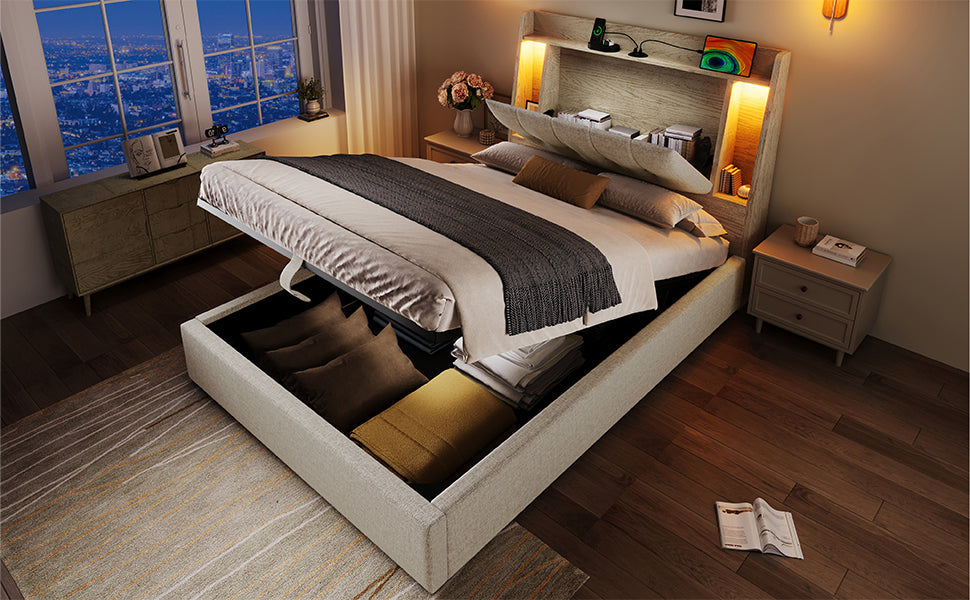 Logidon gestoffeerd bed 90x200 beige linnenlook USB C oplaadfunctie LED