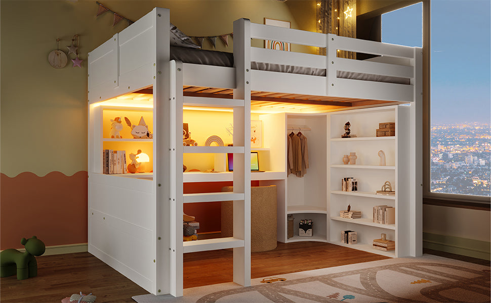 Logidon hoogslaper, 140x200cm, met LED verlichting, kledingkast, bureau, lades, opbergvakken, zonder matras, wit
