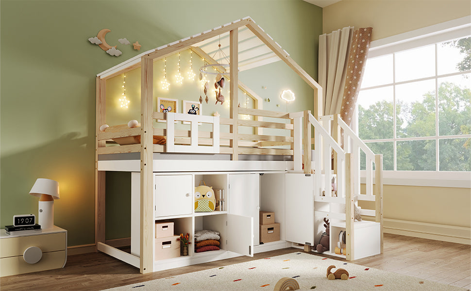 Logidon hoogslaper 90x200 cm huisvorm met opbergruimte wit en naturel