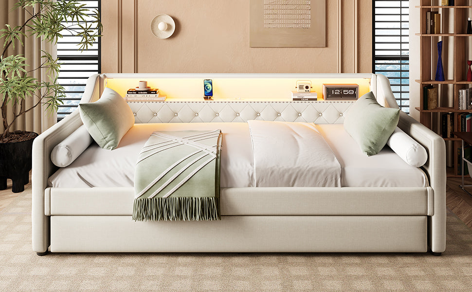 Logidon Daybed 90x200 beige linnen slaapbank LED USB lattenbodem