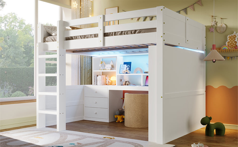 Logidon hoogslaper, 140x200cm, met LED verlichting, kledingkast, bureau, lades, opbergvakken, zonder matras, wit