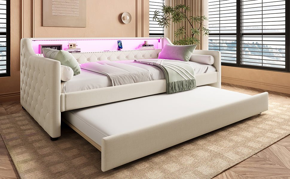 Logidon Daybed 90x200 beige linnen slaapbank LED USB lattenbodem