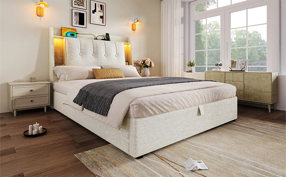 Logidon gestoffeerd bed 90x200 beige linnenlook USB C oplaadfunctie LED