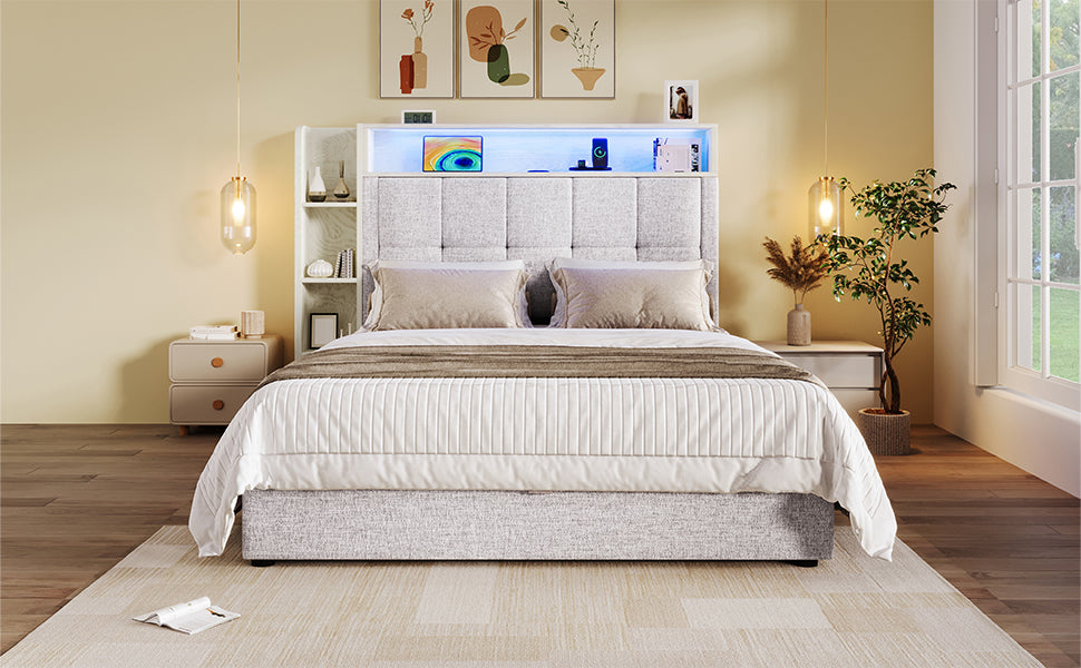 Logidon gestoffeerd bed 90x200 cm beige USB C oplaadfunctie opbergruimte