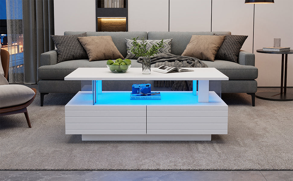 Logidon Witte LED Salontafel met Opbergruimte Bluetooth App Bediening 100x50x42 Cm