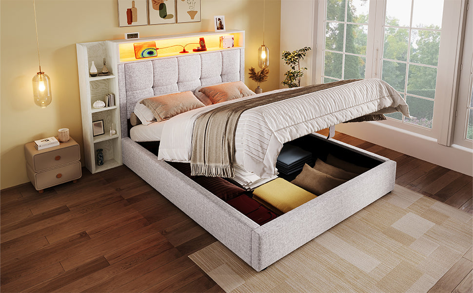 Logidon gestoffeerd bed 90x200 cm beige USB C oplaadfunctie opbergruimte