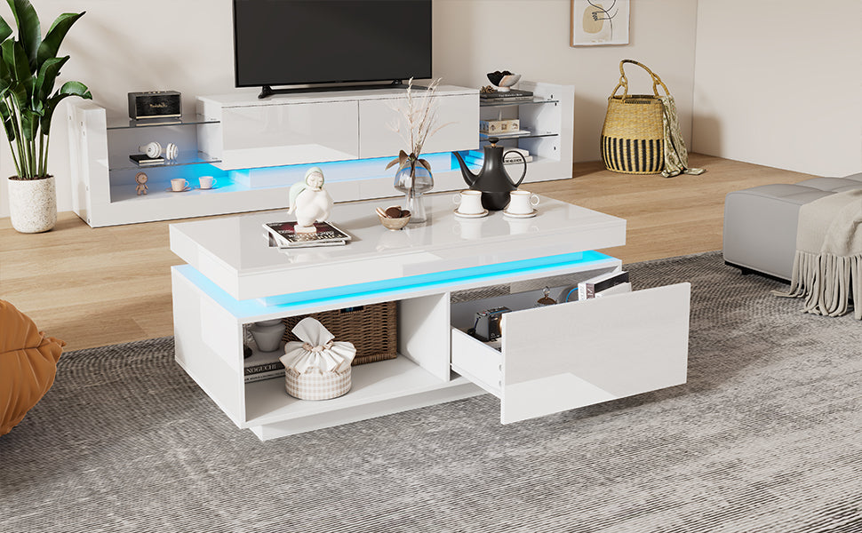 Logidon hoogglans witte salontafel met LED verlichting 100x50x40,3 cm