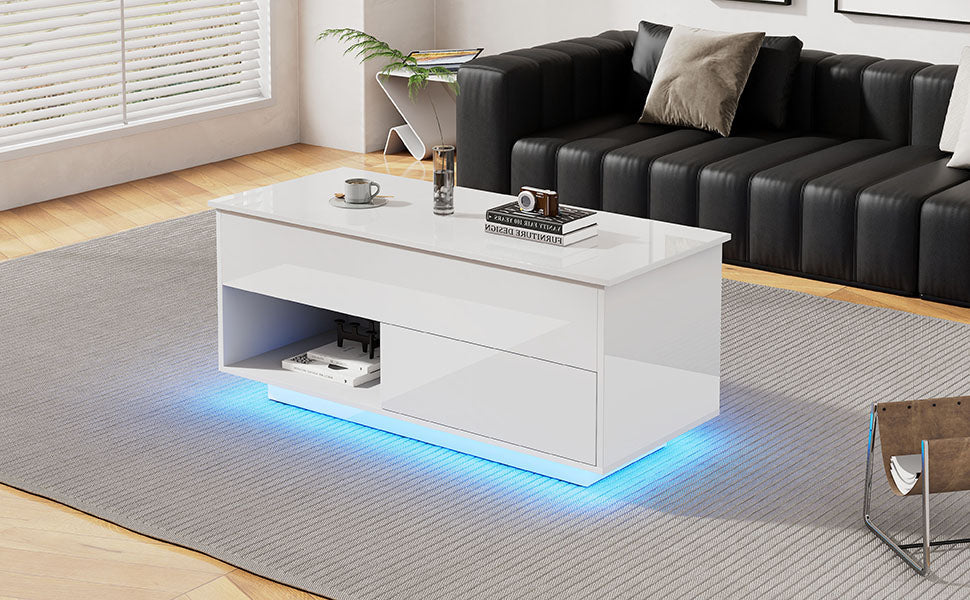 Logidon hoogglans hefsalontafel 100 x 50 cm witte LED-verlichting