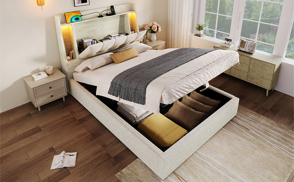 Logidon gestoffeerd bed 90x200 beige linnenlook USB C oplaadfunctie LED