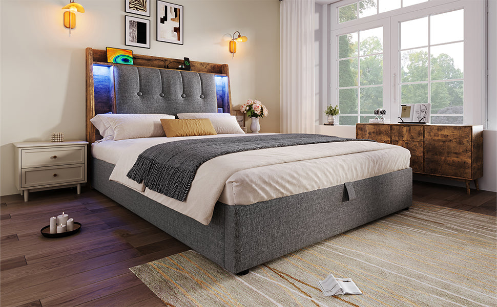 Logidon gestoffeerd bed 90x200 grijs met USB TypeC oplaadfunctie