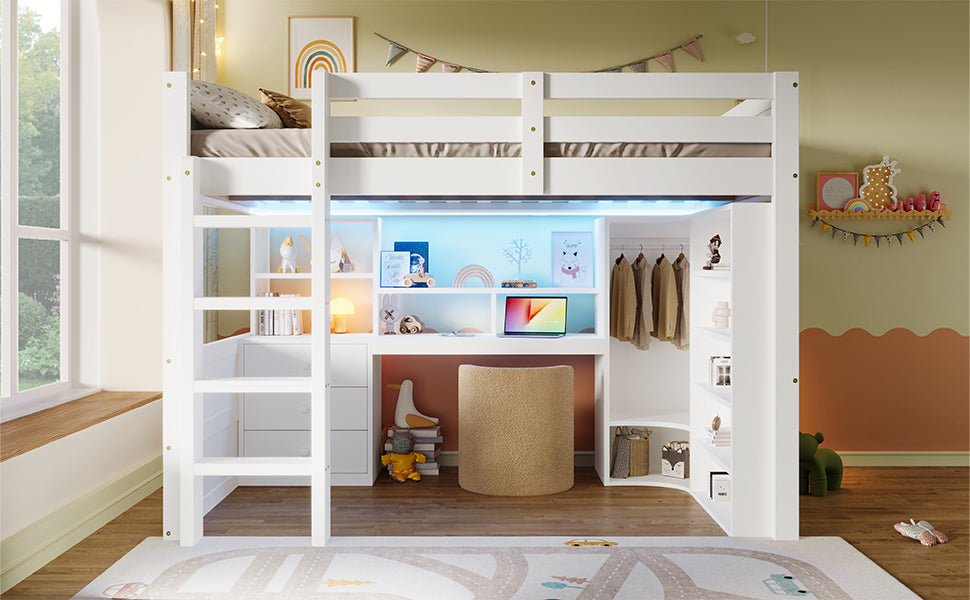 Logidon hoogslaper, 140x200cm, met LED verlichting, kledingkast, bureau, lades, opbergvakken, zonder matras, wit