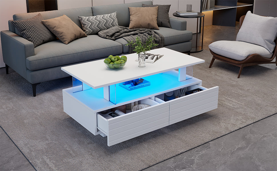Logidon Witte LED Salontafel met Opbergruimte Bluetooth App Bediening 100x50x42 Cm