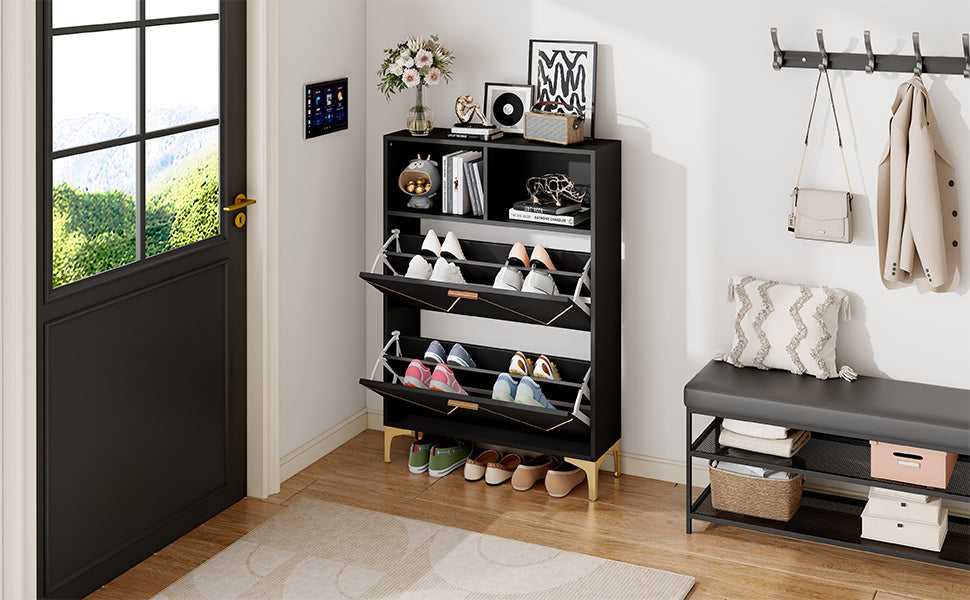 Logidon shoe cabinet 80x25x117 cm black with folding doors and four shoe shelves