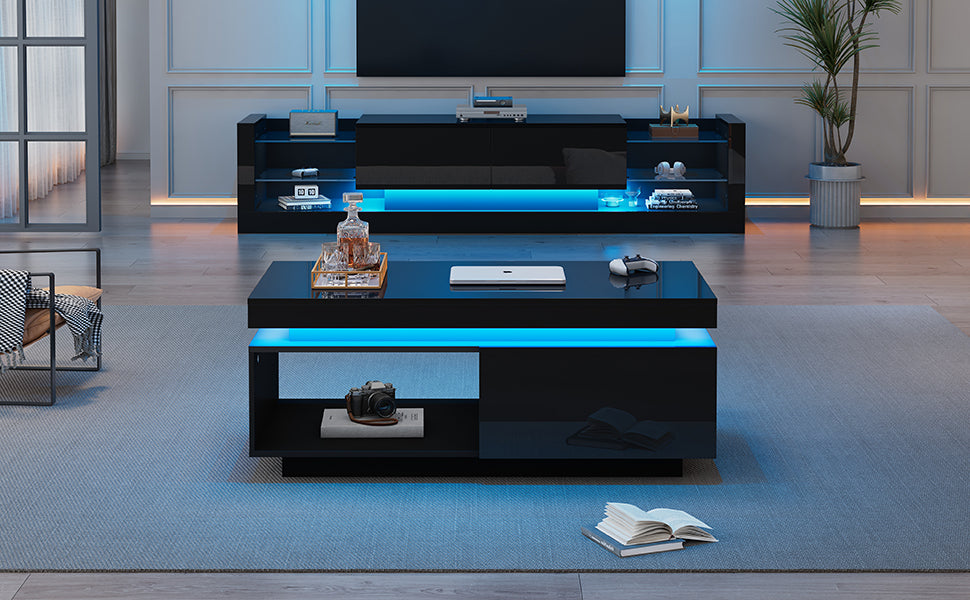 Logidon hoogglans salontafel zwart met LED verlichting 100x50x40 cm