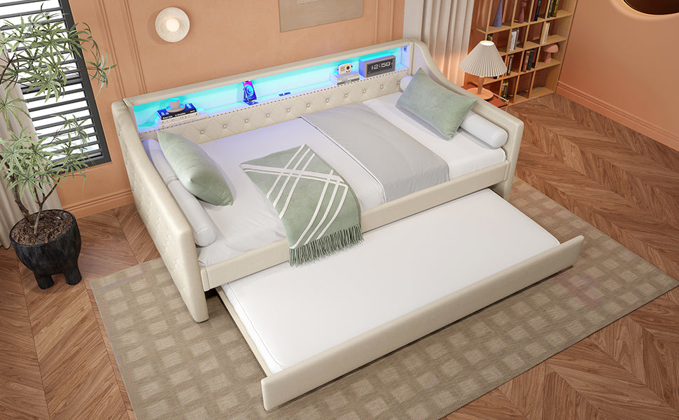 Logidon Daybed 90x200 beige linnen slaapbank LED USB lattenbodem