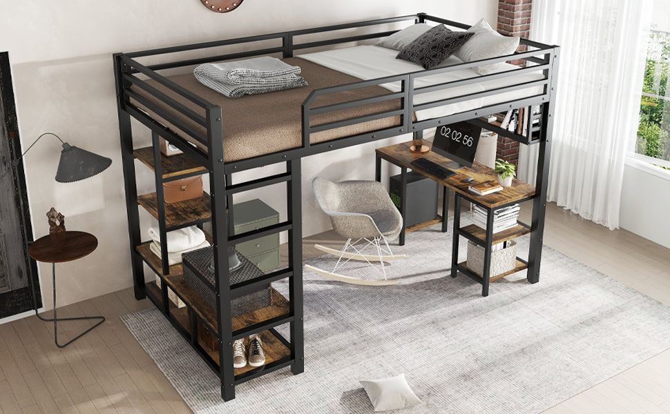 Logidon hoogslaper 120x200 cm metaal zwart met bureau en plank