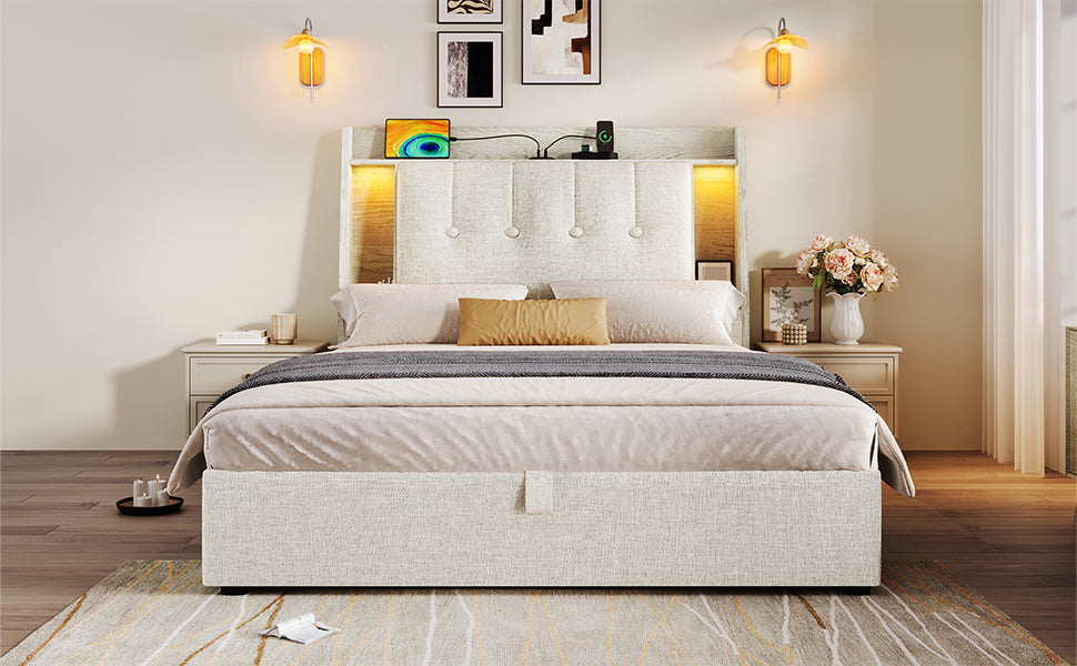 Logidon gestoffeerd bed 90x200 beige linnenlook USB C oplaadfunctie LED