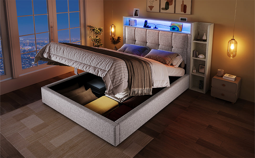 Logidon gestoffeerd bed 90x200 cm beige USB C oplaadfunctie opbergruimte