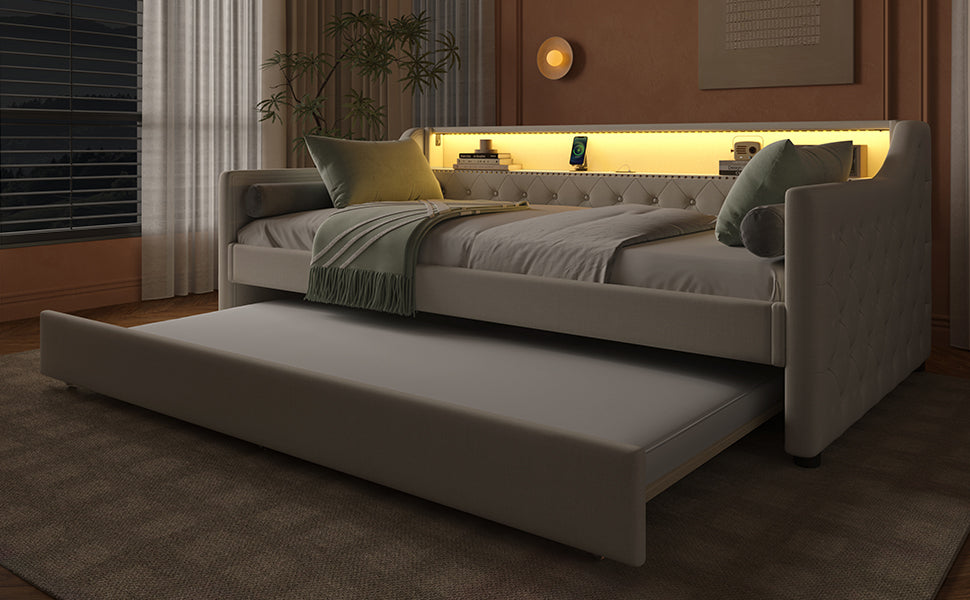 Logidon Daybed 90x200 beige linnen slaapbank LED USB lattenbodem