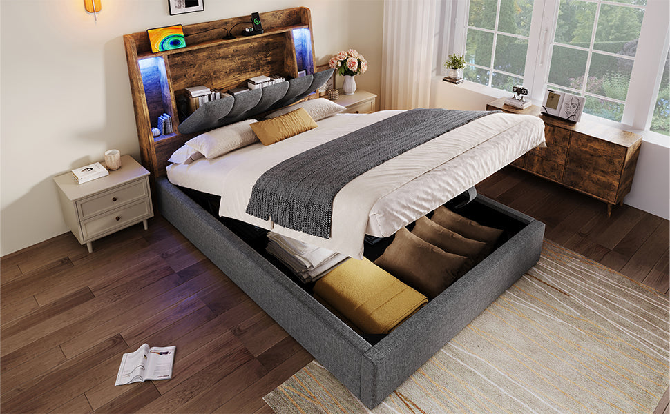 Logidon gestoffeerd bed 90x200 grijs met USB TypeC oplaadfunctie