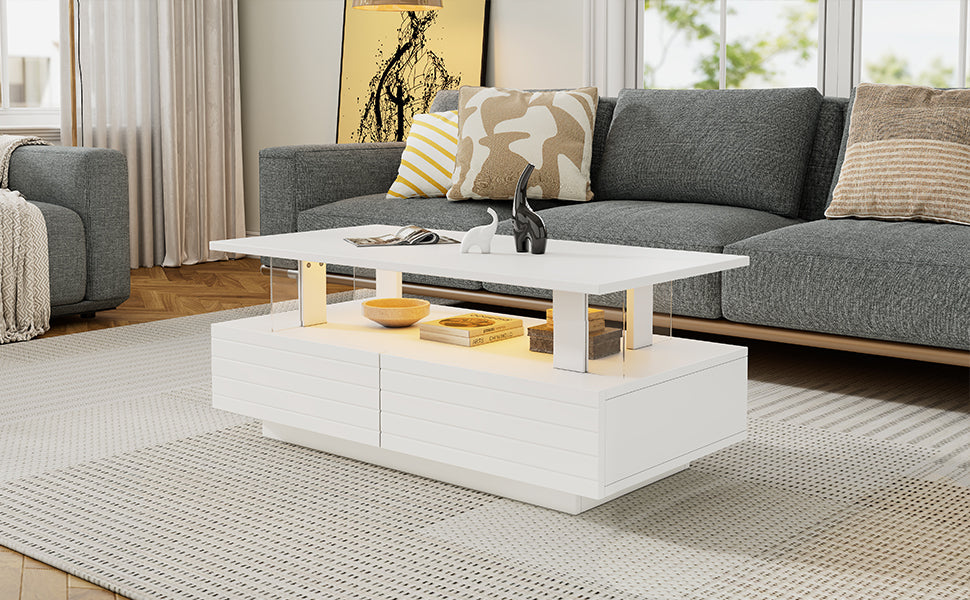 Logidon Witte LED Salontafel met Opbergruimte Bluetooth App Bediening 100x50x42 Cm