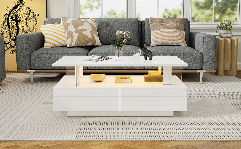 Logidon Witte LED Salontafel met Opbergruimte Bluetooth App Bediening 100x50x42 Cm