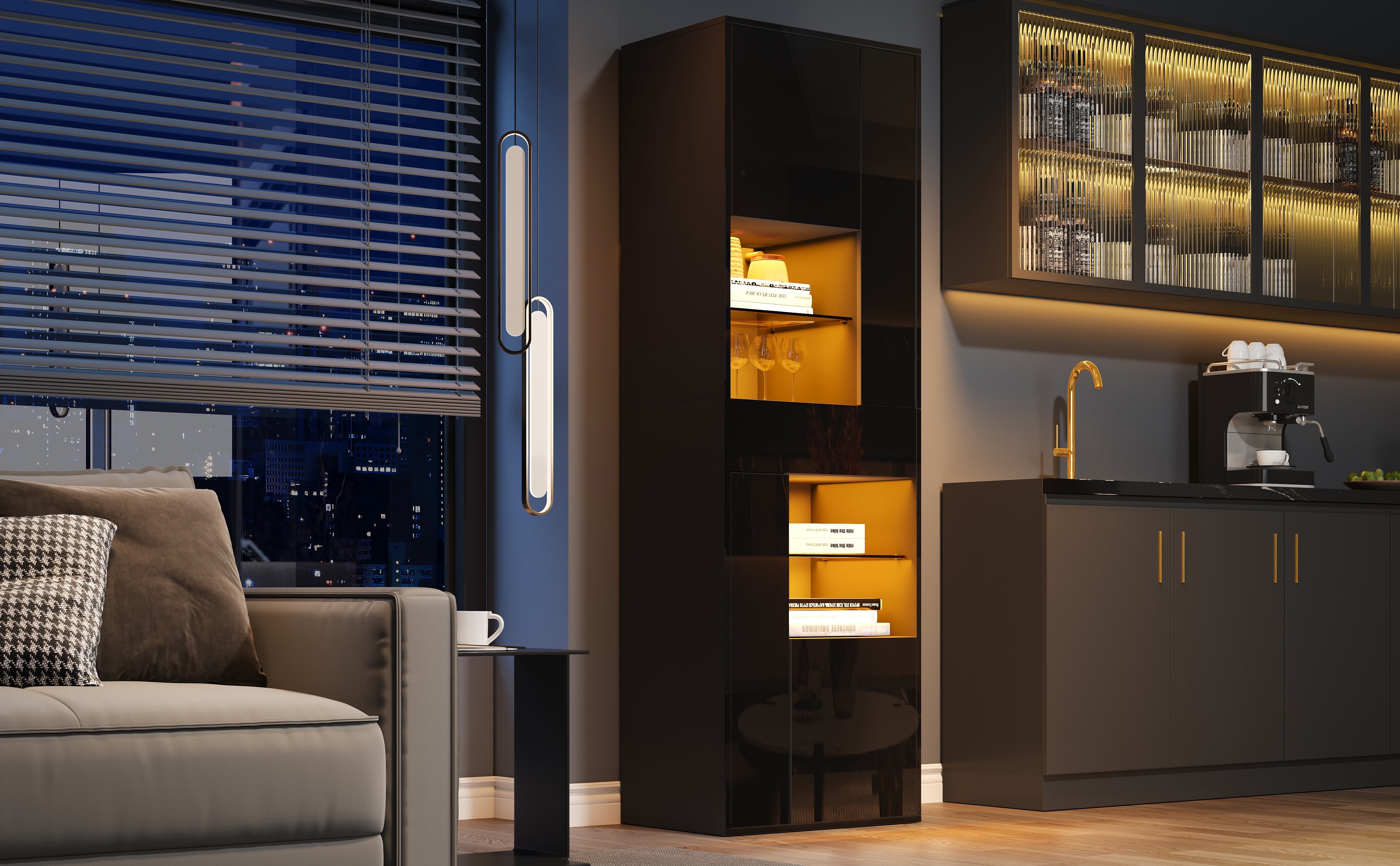 Logidon zwarte hoogglans glazen vitrine 55 x 38 x 170 cm LED-verlichting