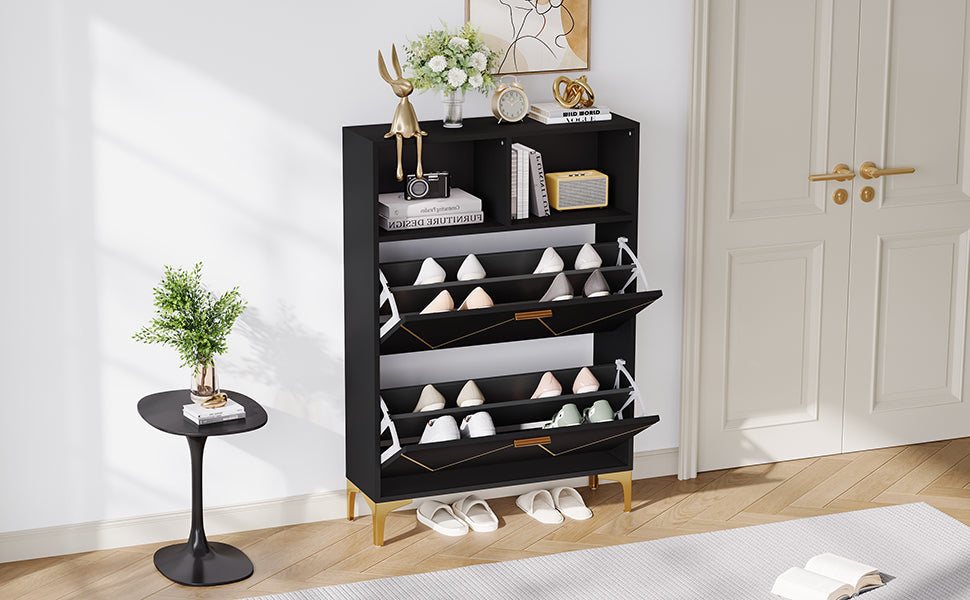 Logidon shoe cabinet 80x25x117 cm black with folding doors and four shoe shelves
