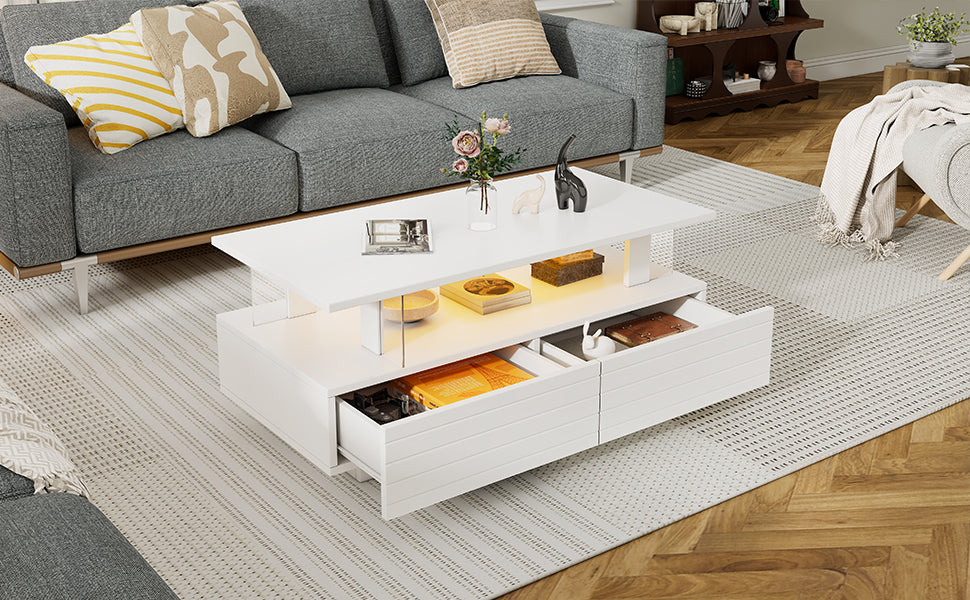 Logidon Witte LED Salontafel met Opbergruimte Bluetooth App Bediening 100x50x42 Cm