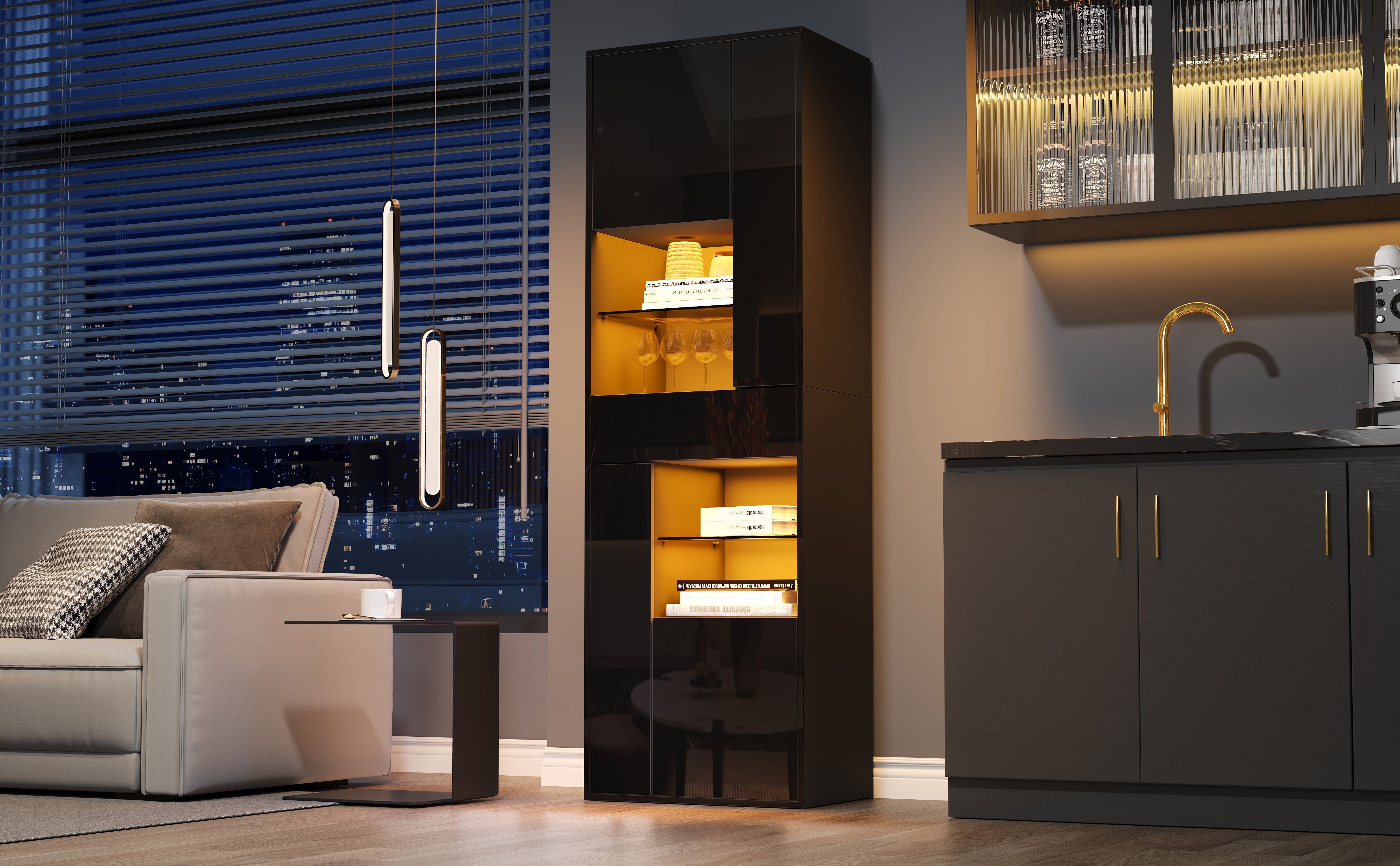 Logidon zwarte hoogglans glazen vitrine 55 x 38 x 170 cm LED-verlichting