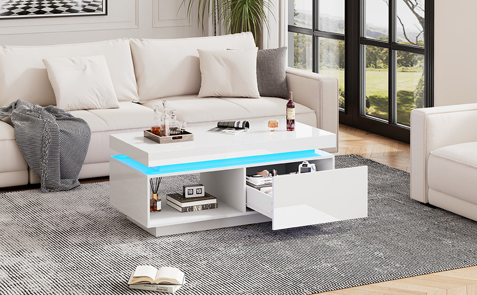 Logidon hoogglans witte salontafel met LED verlichting 100x50x40,3 cm