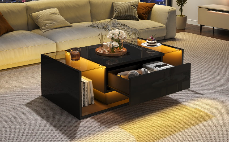 Logidon Zwarte hoogglans salontafel 100x50x31 cm met lade LED lichtstrip