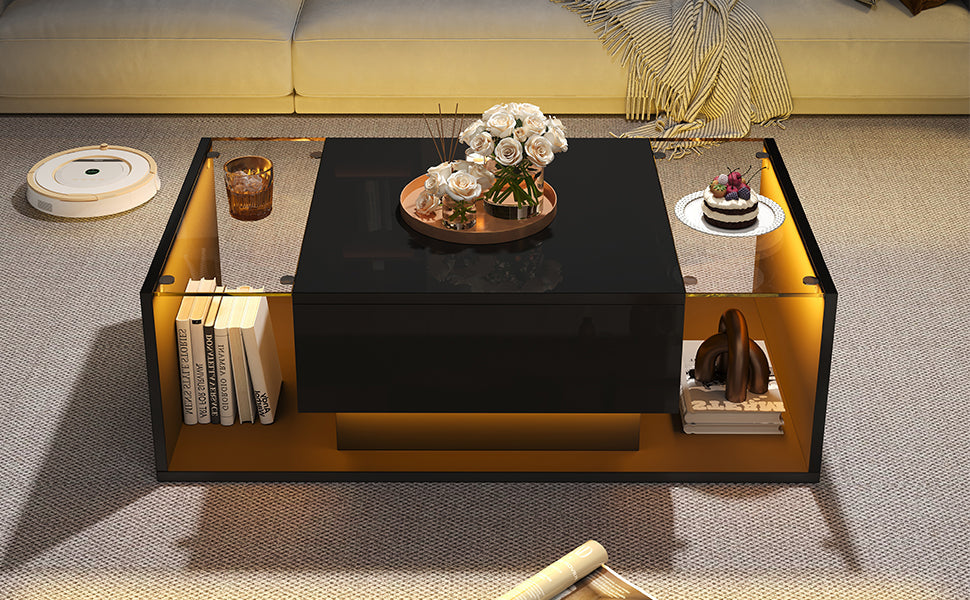 Logidon Zwarte hoogglans salontafel 100x50x31 cm met lade LED lichtstrip
