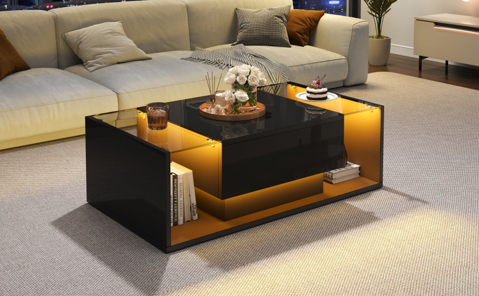 Logidon Zwarte hoogglans salontafel 100x50x31 cm met lade LED lichtstrip