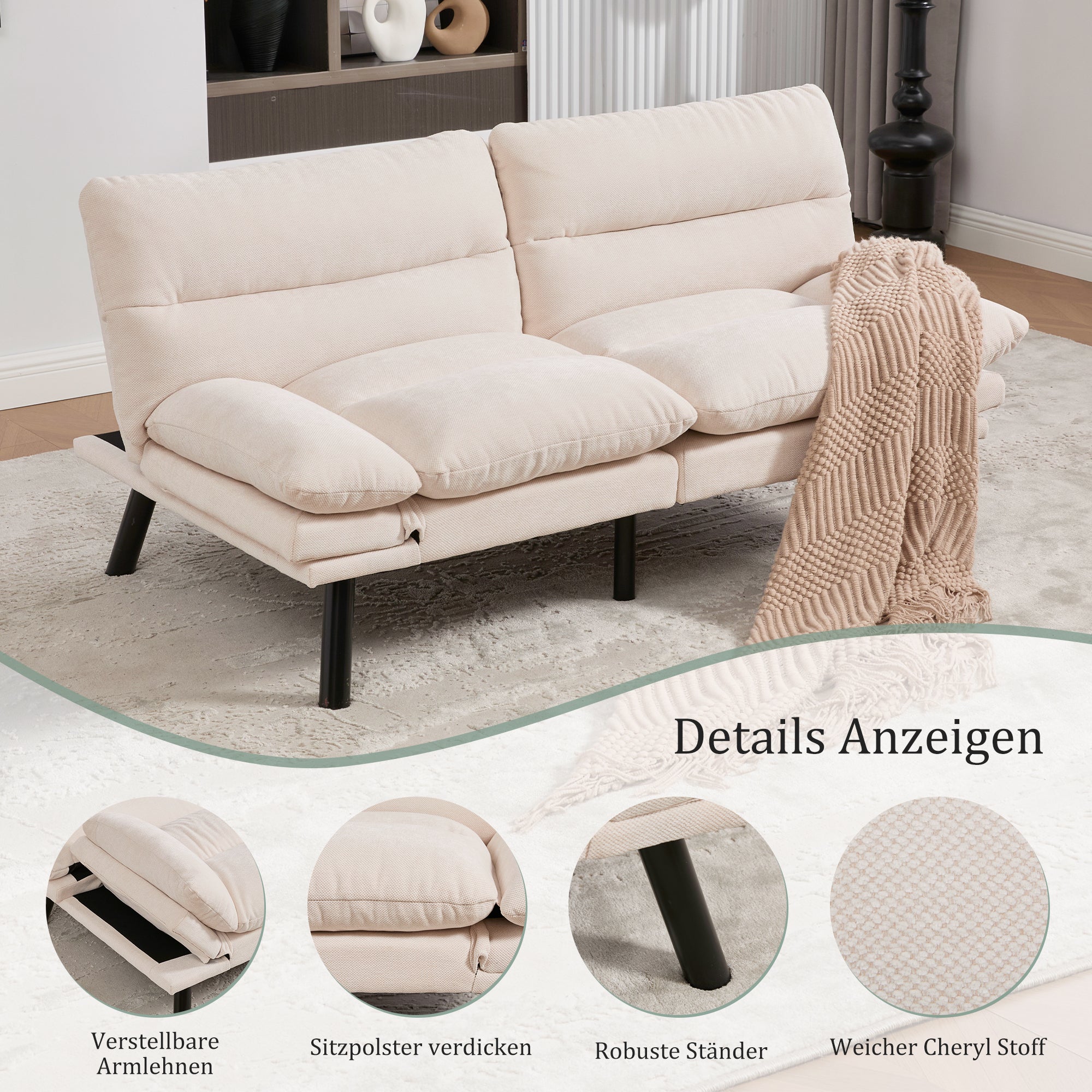 Logidon Moderne Tweezits Chenille Bank Beige Fluweel 165 x 90 x 76 cm